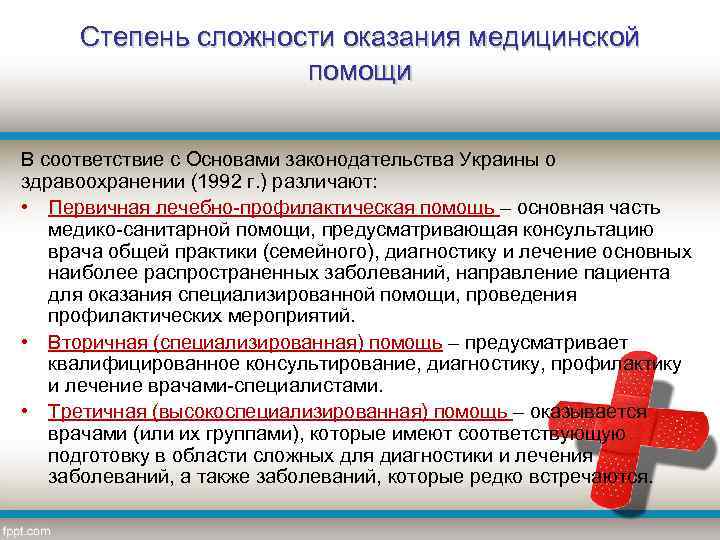Степень сложности оказания медицинской помощи В соответствие с Основами законодательства Украины о здравоохранении (1992