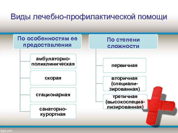Виды лечебно-профилактической помощи По особенностям ее предоставления амбулаторнополиклиническая По степени сложности первичная скорая вторичная