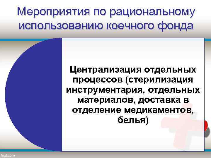 Мероприятия по рациональному использованию коечного фонда Централизация отдельных процессов (стерилизация инструментария, отдельных материалов, доставка