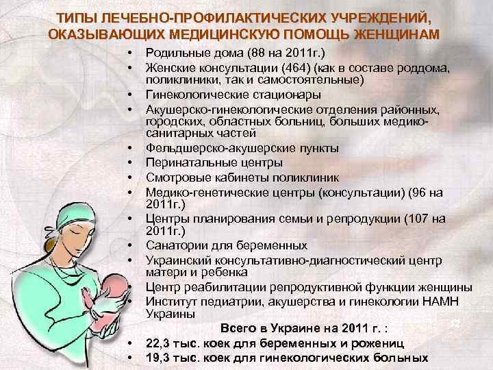 ТИПЫ ЛЕЧЕБНО-ПРОФИЛАКТИЧЕСКИХ УЧРЕЖДЕНИЙ, ОКАЗЫВАЮЩИХ МЕДИЦИНСКУЮ ПОМОЩЬ ЖЕНЩИНАМ • • • • Родильные дома (88