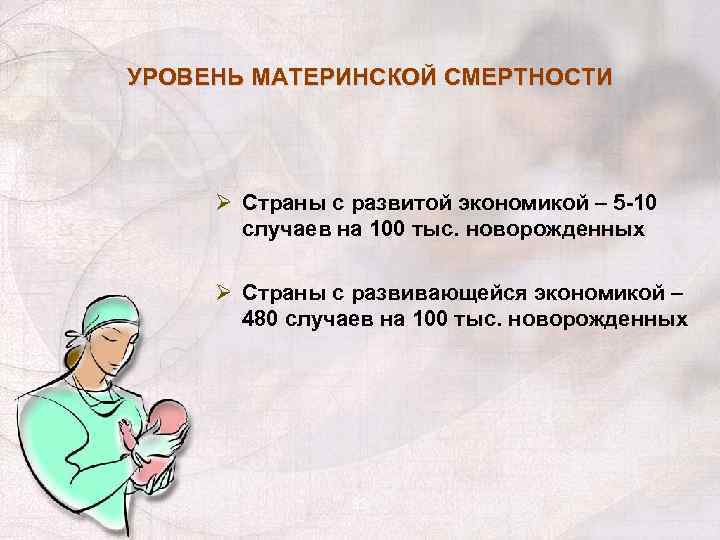 УРОВЕНЬ МАТЕРИНСКОЙ СМЕРТНОСТИ Ø Страны с развитой экономикой – 5 -10 случаев на 100