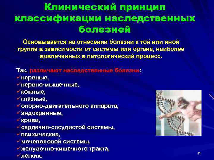Клинический принцип классификации наследственных болезней Основывается на отнесении болезни к той или иной группе