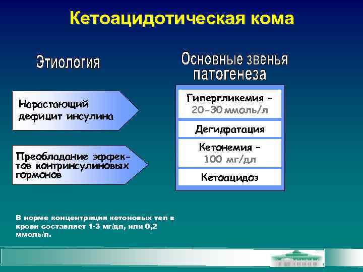 Кетоацидотическая кома Нарастающий дефицит инсулина Преобладание эффектов контринсулиновых гормонов В норме концентрация кетоновых тел