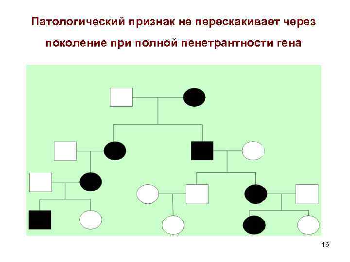 Патологический признак не перескакивает через поколение при полной пенетрантности гена 16 