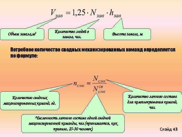 Объем завала, м 3 Количество людей в завале, чел. Высота завала, м Потребное количество