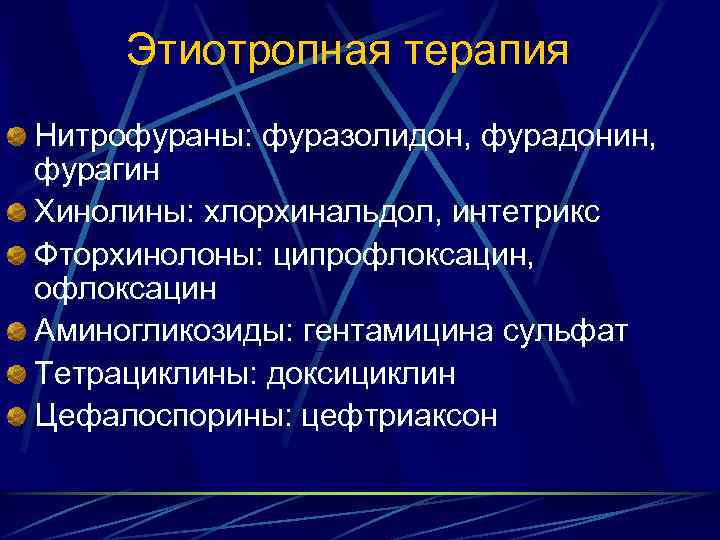 Этиотропная терапия Нитрофураны: фуразолидон, фурадонин, фурагин Хинолины: хлорхинальдол, интетрикс Фторхинолоны: ципрофлоксацин, офлоксацин Аминогликозиды: гентамицина