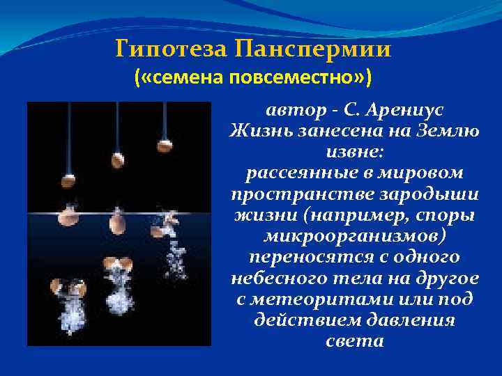 Гипотеза Панспермии ( «семена повсеместно» ) автор - С. Арениус Жизнь занесена на Землю