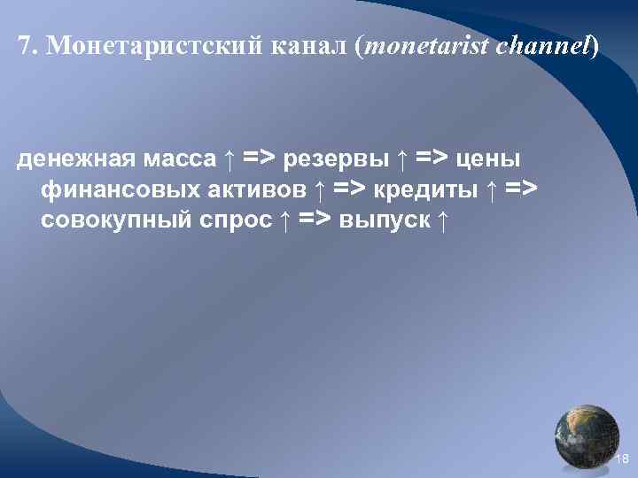 7. Монетаристский канал (monetarist channel) денежная масса ↑ => резервы ↑ => цены финансовых