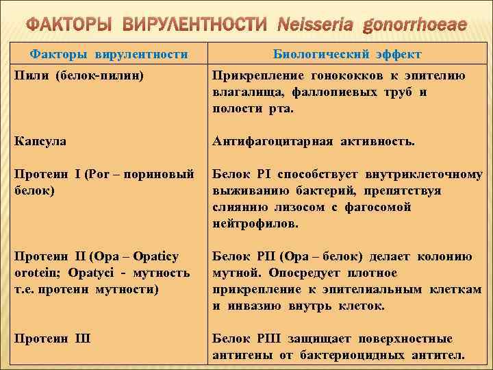 ФАКТОРЫ ВИРУЛЕНТНОСТИ Neisseria gonorrhoeae Факторы вирулентности Биологический эффект Пили (белок-пилин) Прикрепление гонококков к эпителию