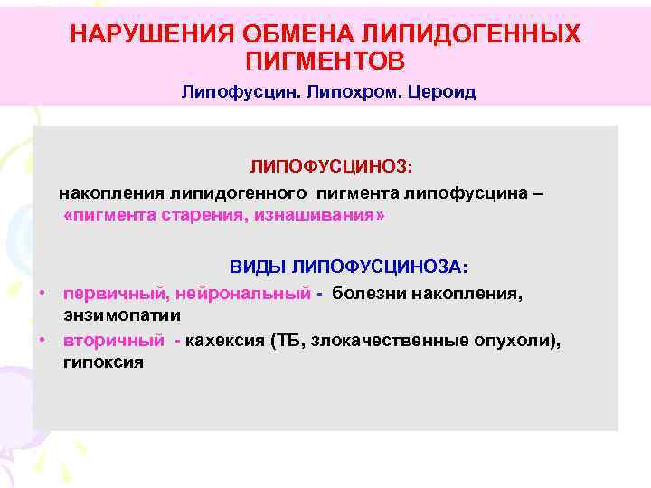 НАРУШЕНИЯ ОБМЕНА ЛИПИДОГЕННЫХ ПИГМЕНТОВ Липофусцин. Липохром. Цероид ЛИПОФУСЦИНОЗ: накопления липидогенного пигмента липофусцина – «пигмента