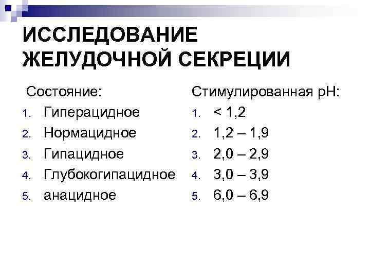 ИССЛЕДОВАНИЕ ЖЕЛУДОЧНОЙ СЕКРЕЦИИ Состояние: 1. Гиперацидное 2. Нормацидное 3. Гипацидное 4. Глубокогипацидное 5. анацидное