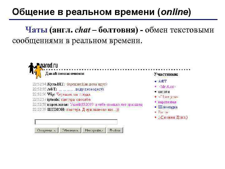 Общение в реальном времени (online) Чаты (англ. chat – болтовня) - обмен текстовыми сообщениями