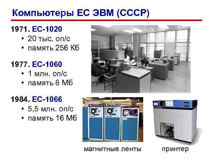 Компьютеры ЕС ЭВМ (СССР) 1971. ЕС-1020 • 20 тыс. оп/c • память 256 Кб