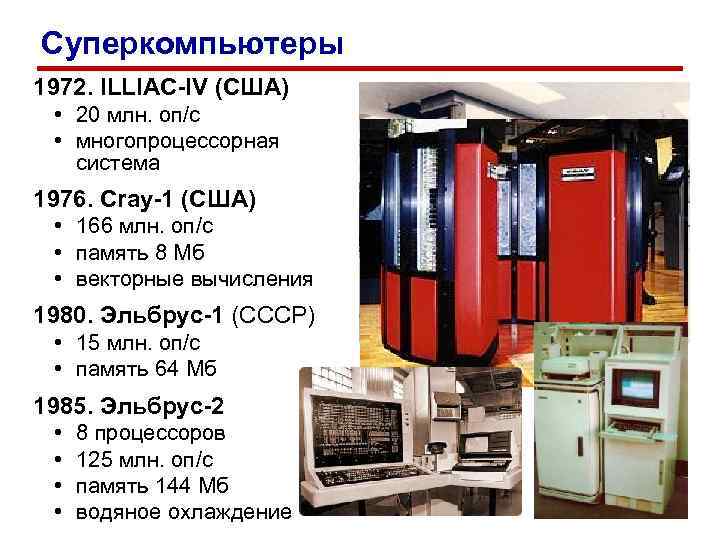 Суперкомпьютеры 1972. ILLIAC-IV (США) • 20 млн. оп/c • многопроцессорная система 1976. Cray-1 (США)