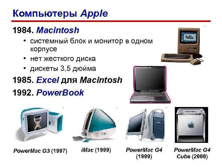 Компьютеры Apple 1984. Macintosh • системный блок и монитор в одном корпусе • нет