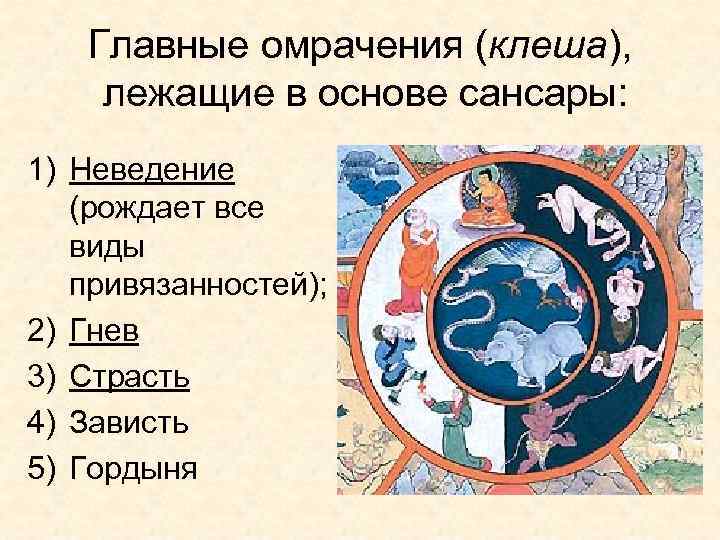 Главные омрачения (клеша), лежащие в основе сансары: 1) Неведение (рождает все виды привязанностей); 2)