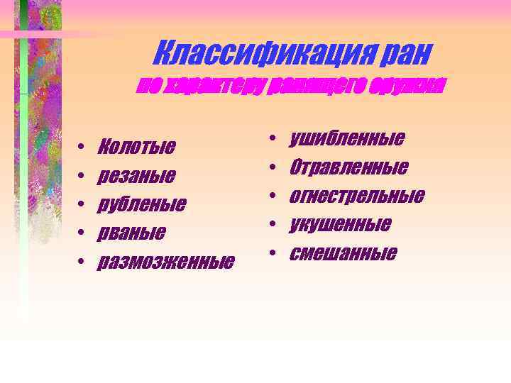 Классификация ран по характеру ранящего оружия • • • Колотые резаные рубленые рваные размозженные