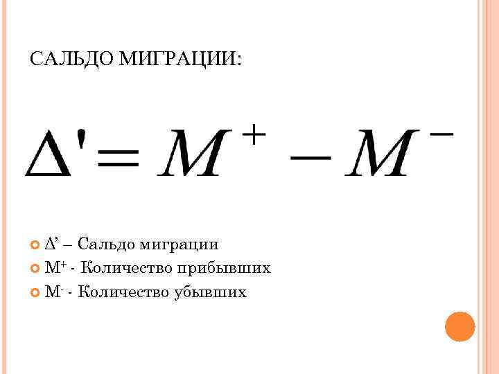 САЛЬДО МИГРАЦИИ: Δ’ – Сальдо миграции М+ - Количество прибывших М- - Количество убывших