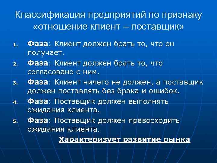 Классификация предприятий по признаку «отношение клиент – поставщик» 1. 2. 3. 4. 5. Фаза: