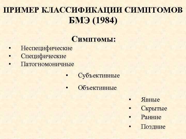 ПРИМЕР КЛАССИФИКАЦИИ СИМПТОМОВ БМЭ (1984) Симптомы: • • • Неспецифические Специфические Патогномоничные • Субъективные