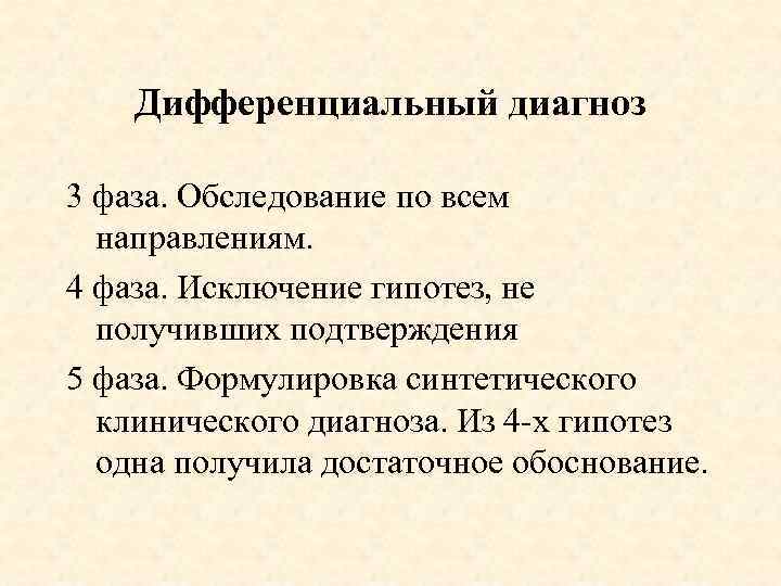 Дифференциальный диагноз 3 фаза. Обследование по всем направлениям. 4 фаза. Исключение гипотез, не получивших