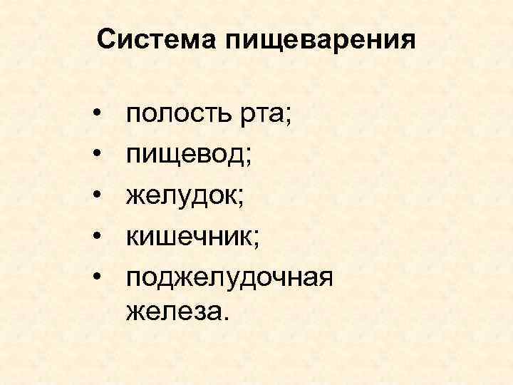 Система пищеварения • • • полость рта; пищевод; желудок; кишечник; поджелудочная железа. 