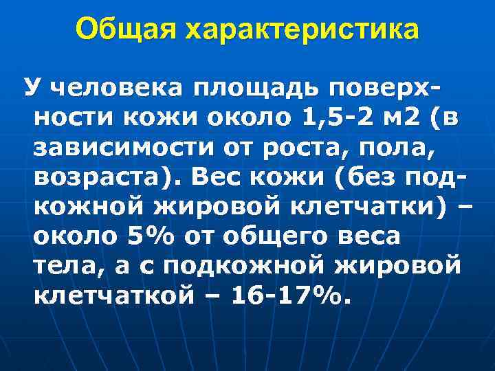 Общая характеристика У человека площадь поверхности кожи около 1, 5 -2 м 2 (в