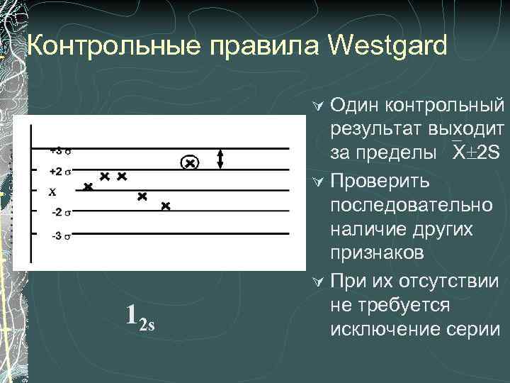 Контрольные правила Westgard Ú Один 12 s контрольный результат выходит за пределы Х 2