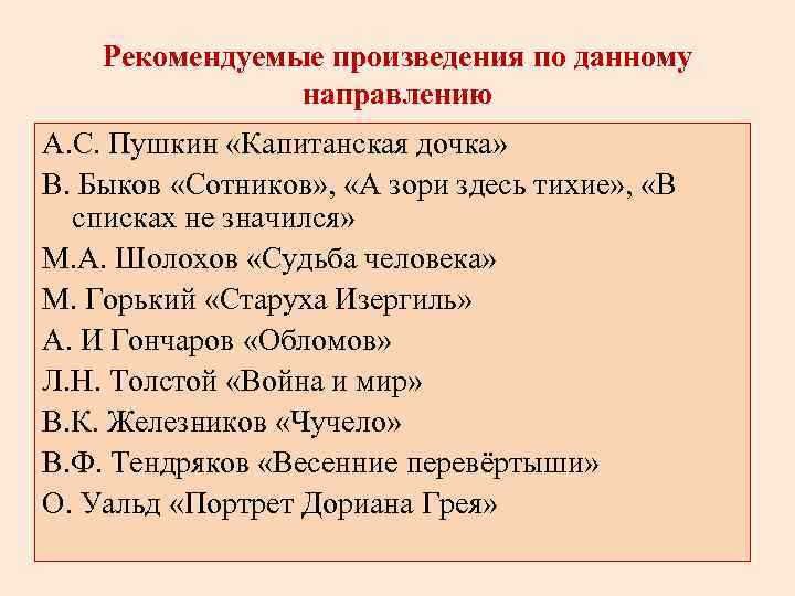 Рекомендуемые произведения по данному направлению А. С. Пушкин «Капитанская дочка» В. Быков «Сотников» ,