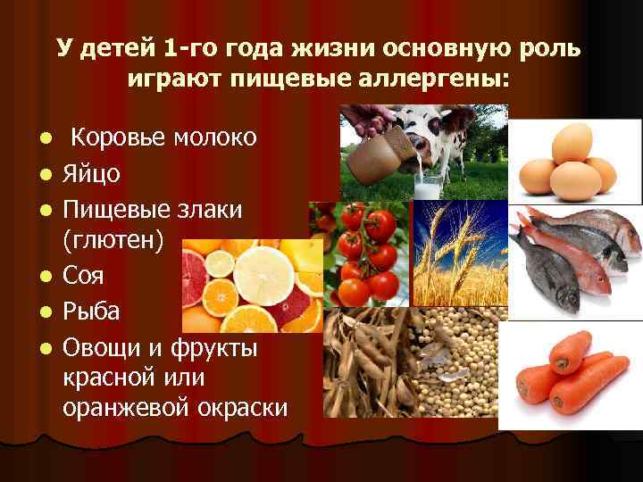 У детей 1 -го года жизни основную роль играют пищевые аллергены: l l l