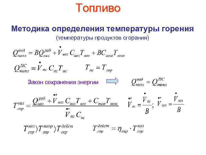 Топливо Методика определения температуры горения (температуры продуктов сгорания) Закон сохранения энергии 