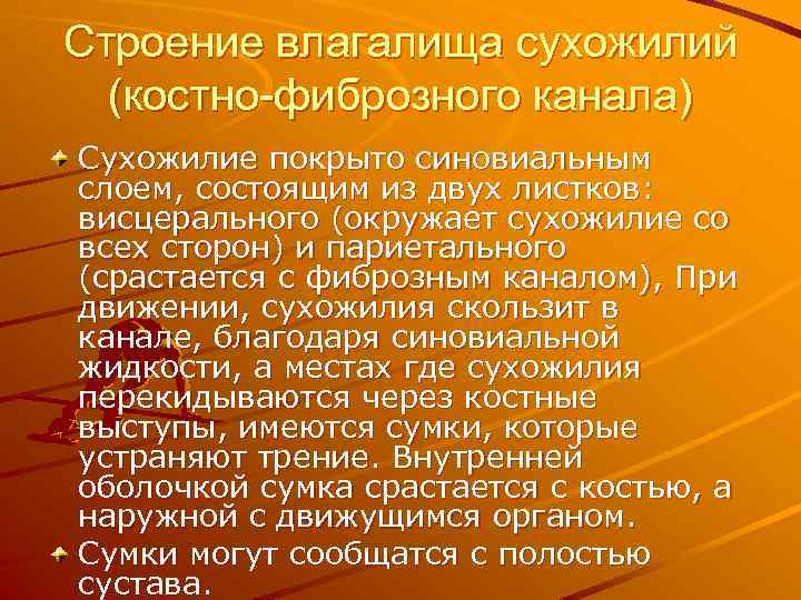 Строение влагалища сухожилий (костно-фиброзного канала) Сухожилие покрыто синовиальным слоем, состоящим из двух листков: висцерального