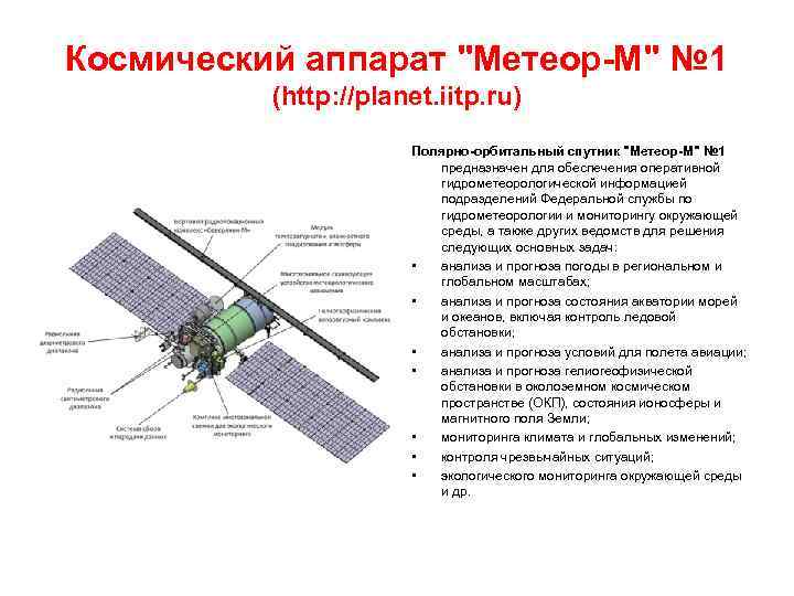 Космический аппарат "Метеор-М" № 1 (http: //planet. iitp. ru) Полярно-орбитальный спутник "Метеор-М" № 1