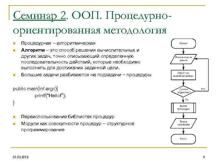 Семинар 2. ООП. Процедурноориентированная методология n n n Процедурная – алгоритмическая Алгоритм – это