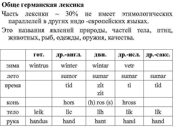 Обще германская лексика Часть лексики ~ 30% не имеет этимологических параллелей в других индо
