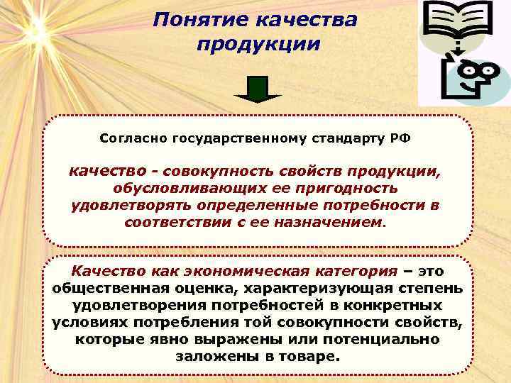 Понятие качества продукции Согласно государственному стандарту РФ качество - совокупность свойств продукции, обусловливающих ее