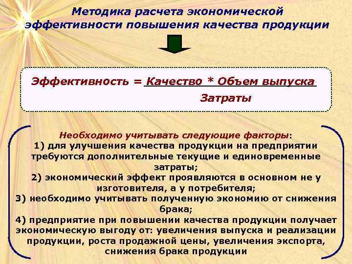 Методика расчета экономической эффективности повышения качества продукции Эффективность = Качество * Объем выпуска Затраты