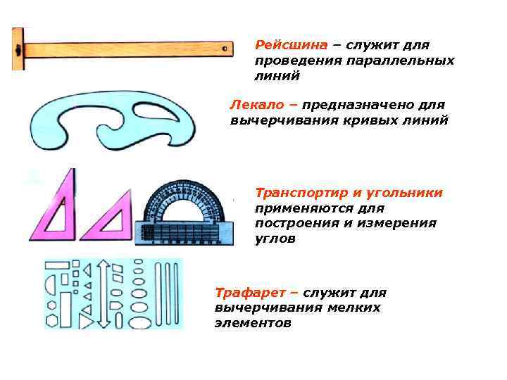 Рейсшина – служит для проведения параллельных линий Лекало – предназначено для вычерчивания кривых линий