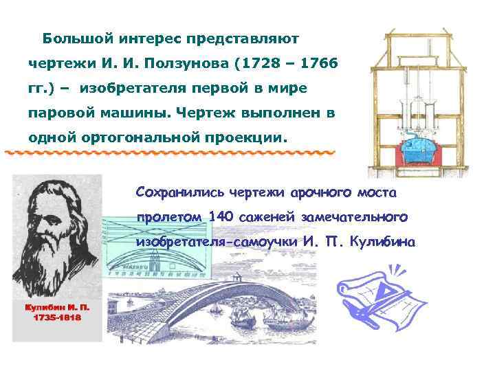 Большой интерес представляют чертежи И. И. Ползунова (1728 – 1766 гг. ) – изобретателя