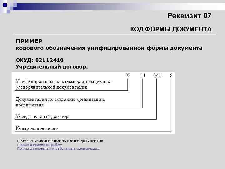 Реквизит 07 КОД ФОРМЫ ДОКУМЕНТА ПРИМЕР кодового обозначения унифицированной формы документа ОКУД: 02112418 Учредительный