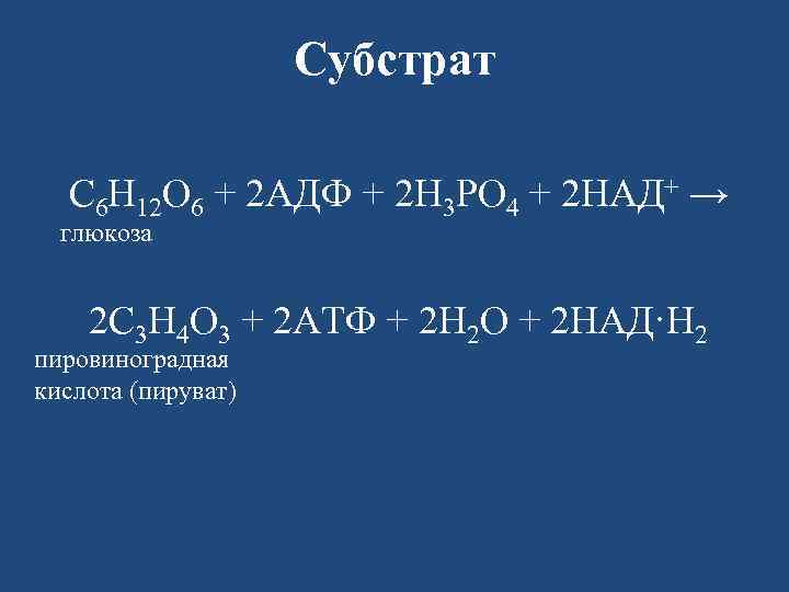 Субстрат С 6 Н 12 О 6 + 2 АДФ + 2 Н 3