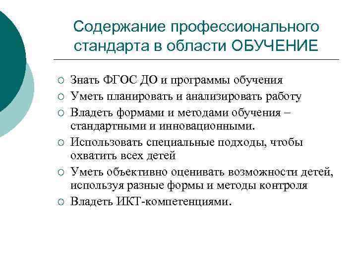 Содержание профессионального стандарта в области ОБУЧЕНИЕ ¡ ¡ ¡ Знать ФГОС ДО и программы