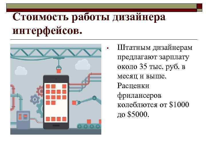 Стоимость работы дизайнера интерфейсов. • Штатным дизайнерам предлагают зарплату около 35 тыс. руб. в