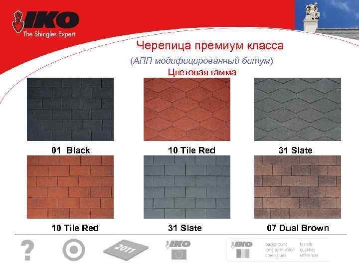  Черепица премиум класса (АПП модифицированный битум) Цветовая гамма 01 Black 10 Tile Red
