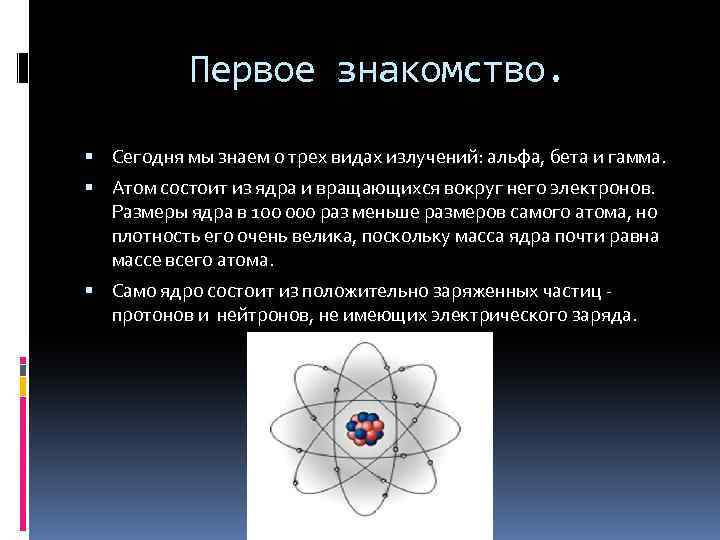 Первое знакомство. Сегодня мы знаем о трех видах излучений: альфа, бета и гамма. Атом