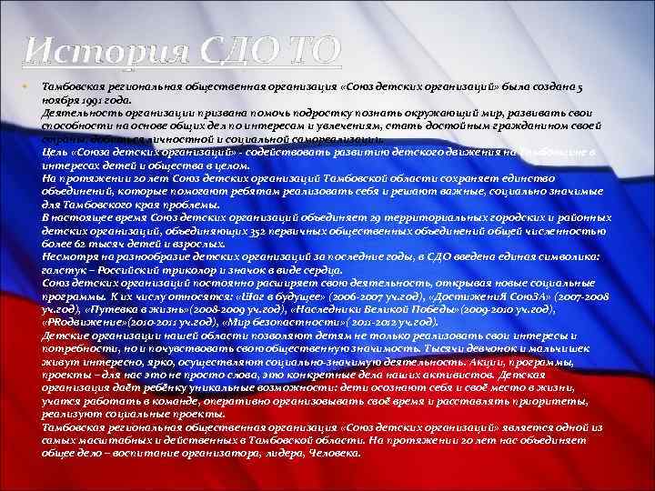 История СДО ТО Тамбовская региональная общественная организация «Союз детских организаций» была создана 5 ноября