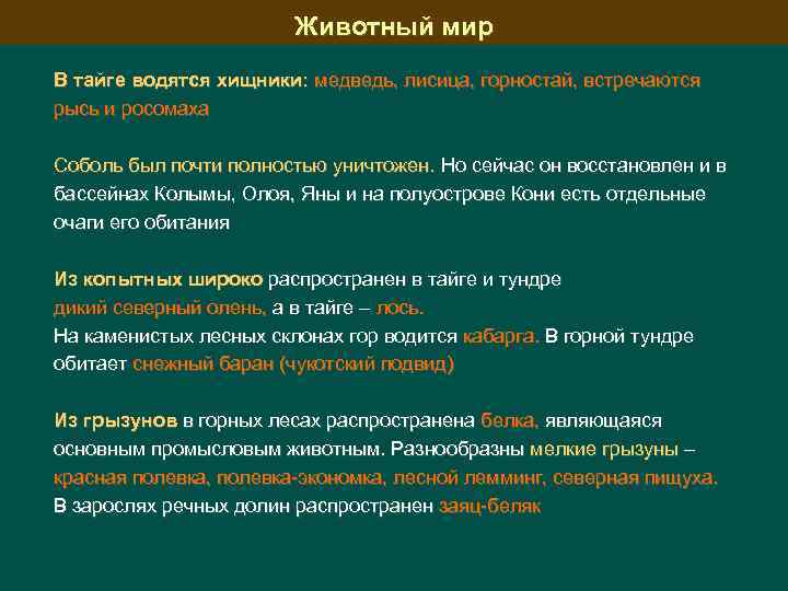 Животный мир В тайге водятся хищники: медведь, лисица, горностай, встречаются рысь и росомаха Соболь