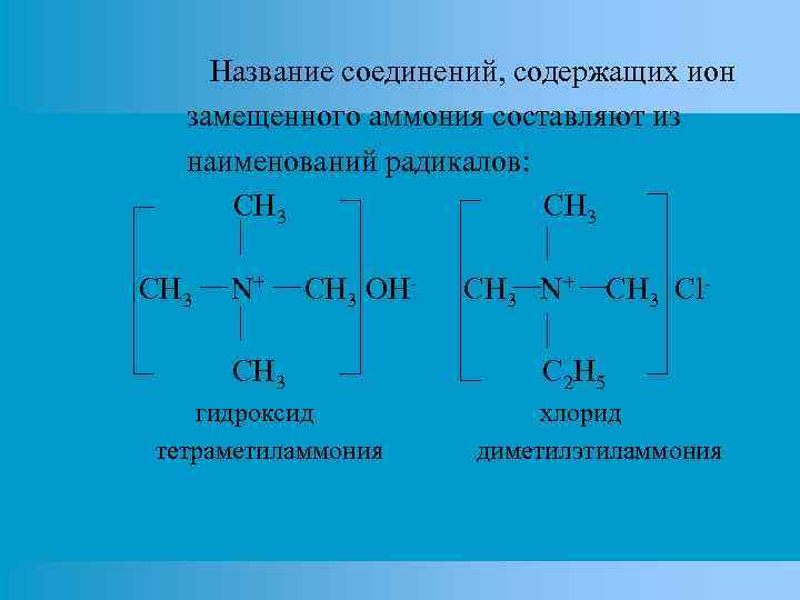 Название соединений, содержащих ион замещенного аммония составляют из наименований радикалов: CH 3 N+ CH