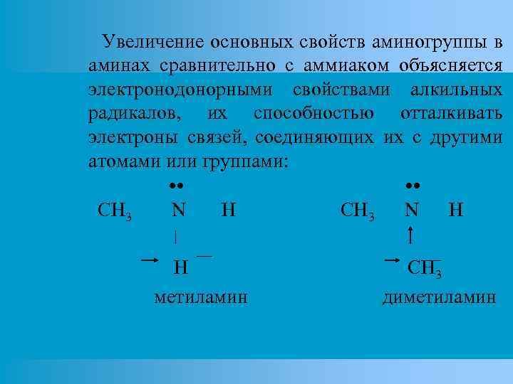 Увеличение основных свойств аминогруппы в аминах сравнительно с аммиаком объясняется электронодонорными свойствами алкильных радикалов,