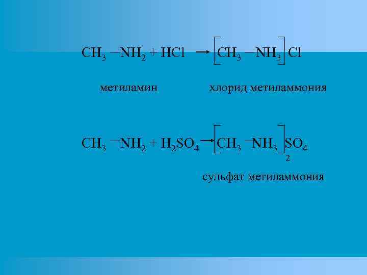 CH 3 NH 2 + HCl метиламин CH 3 NH 2 + H 2